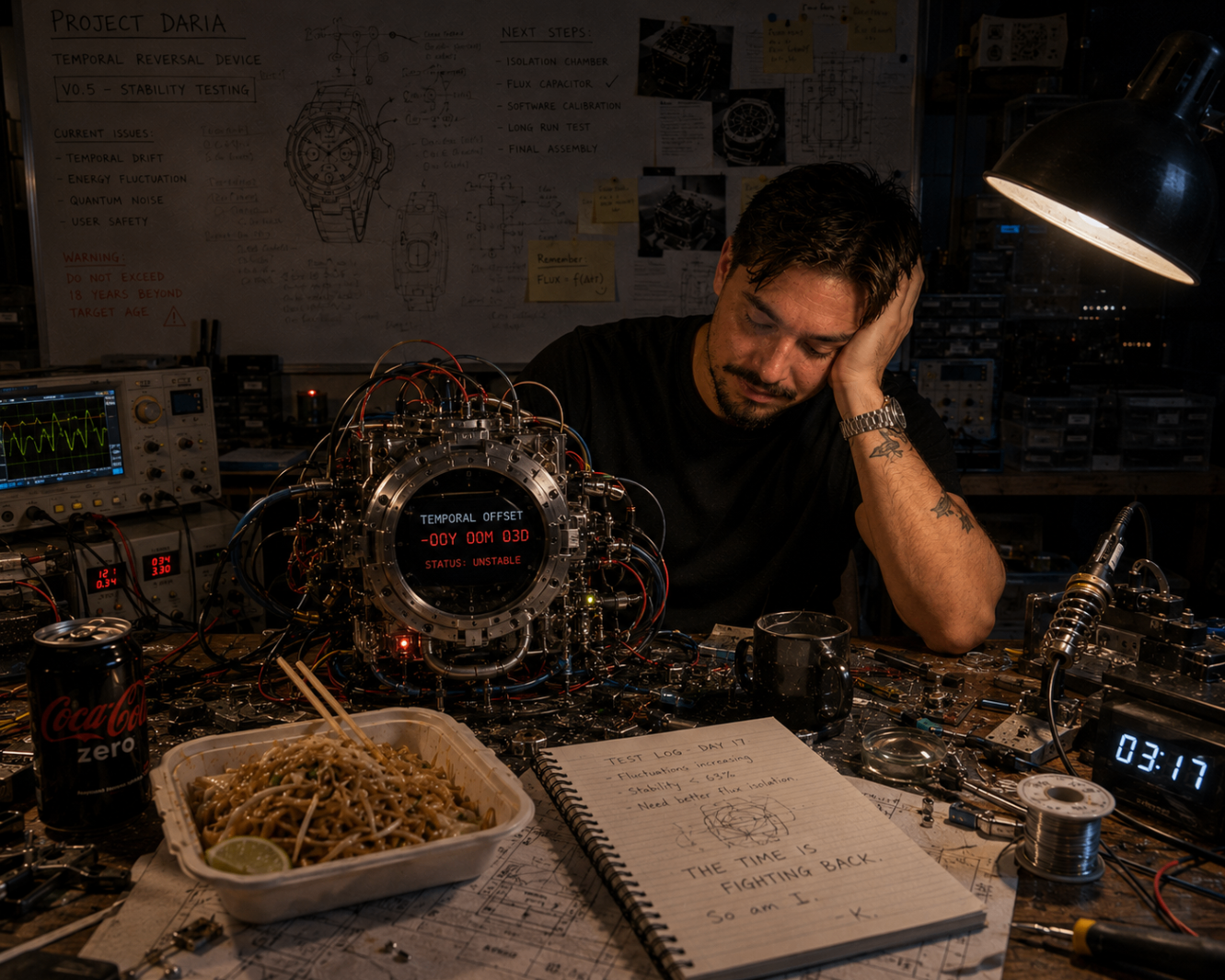 Engineer resting his head during a late-night stability test, day seventeen