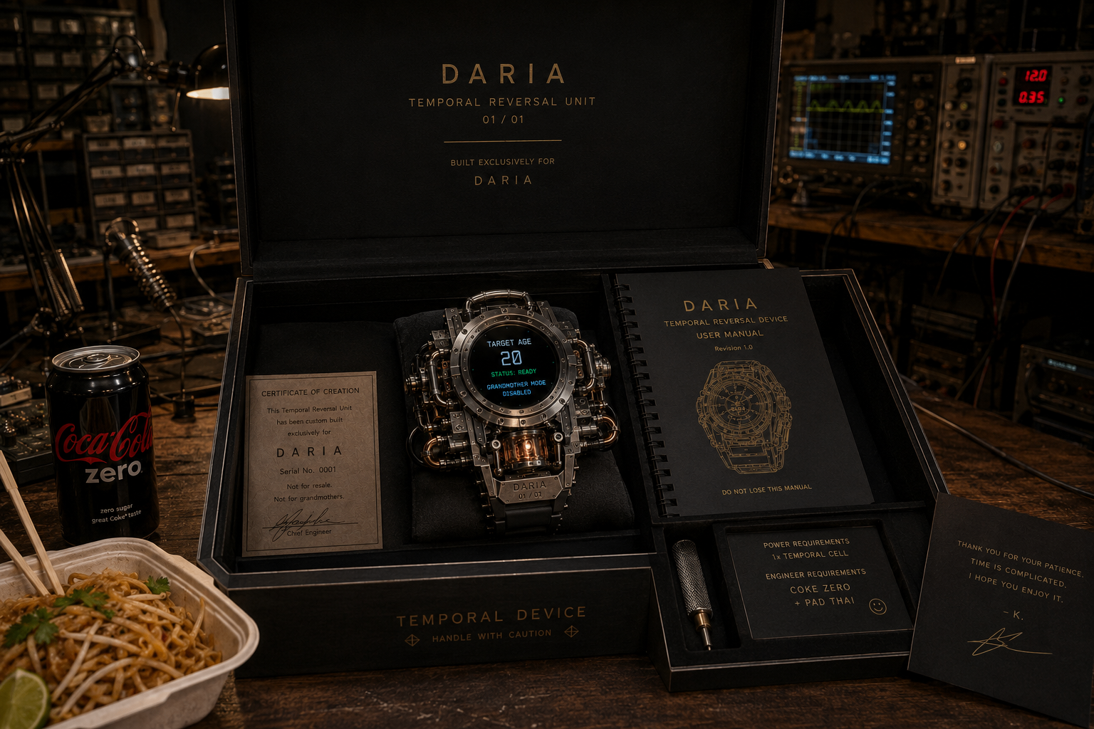 The complete DARIA kit: device, manual, certificate of creation and engineer support card